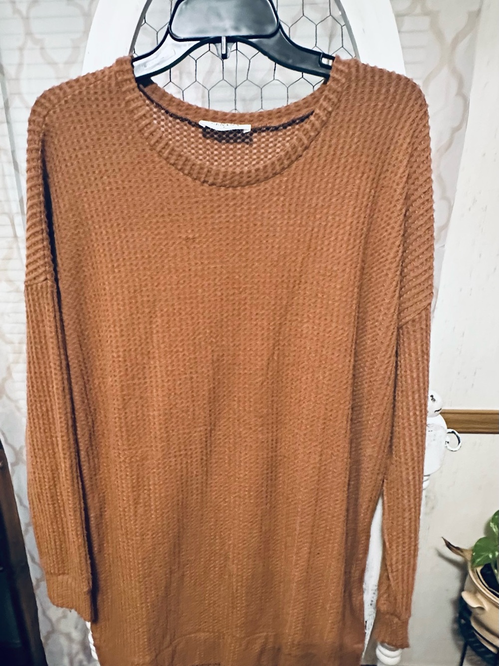 Zenana Outfitters Waffle-Knit Crewneck Sweater - Camel